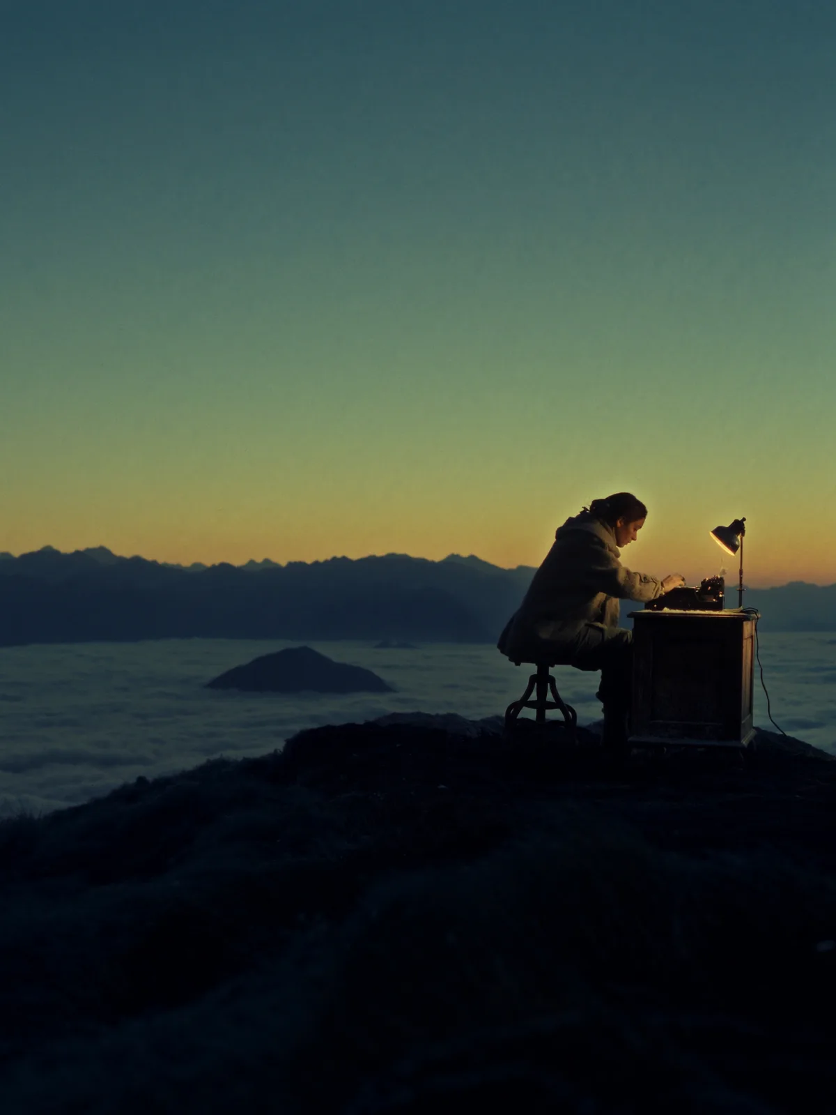 A closer working at a lamp-lit desk on a mountain summit at dusk